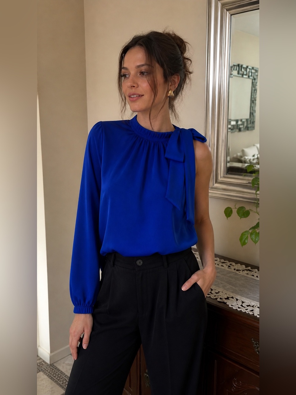 One-Shoulder Royal Blue Tie-Neck Blouse - Women